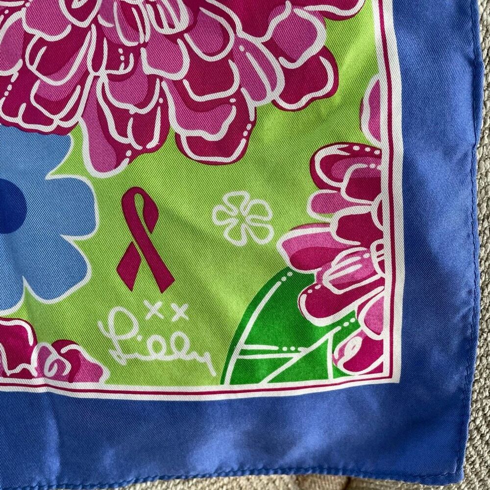 Lilly Pulitzer 100% Silk Ford Floral Mum Scarf Blue Pink - Picture 2 of 5